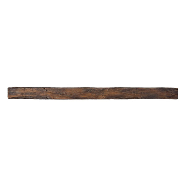 Hayloft non-combustible concrete mantel shelf with rustic maduro finish and hand-hewn beam details