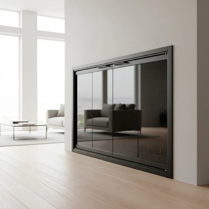Cabot Fireplace Doors / 41 1/2”W x 33 1/2”H / 4 Sided Overlap / Matte Black / Modern Handles / Twin Doors / Clear Glass