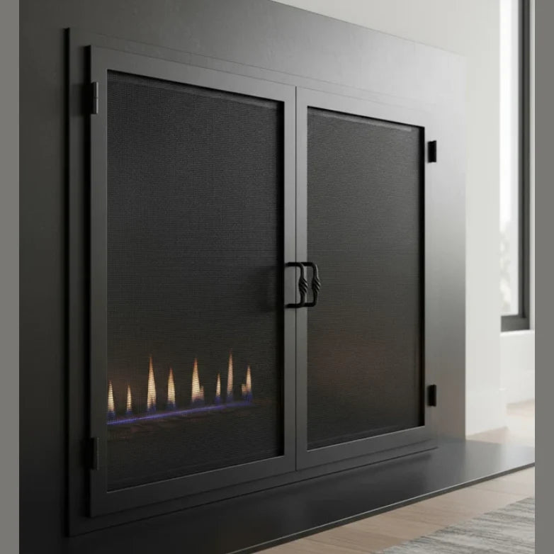 Carolina Mesh Fireplace Doors / Matte Black / Opening 34 3/4” W x 26 13/16” / Modern Handle / Flush Fit / Frame Width 2” / Left Top Bottom Inside Right Overlap