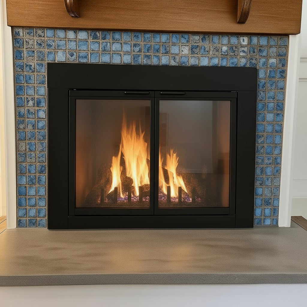 Grande Fireplace Doors Custom / Opening 47 3/4” W x 26 3/8” / Overlap Fit / Matte Black / Flush Hearth/ Modern Handle / Clear Glass / Mesh Curtain / Bi-Fold / Draft Control