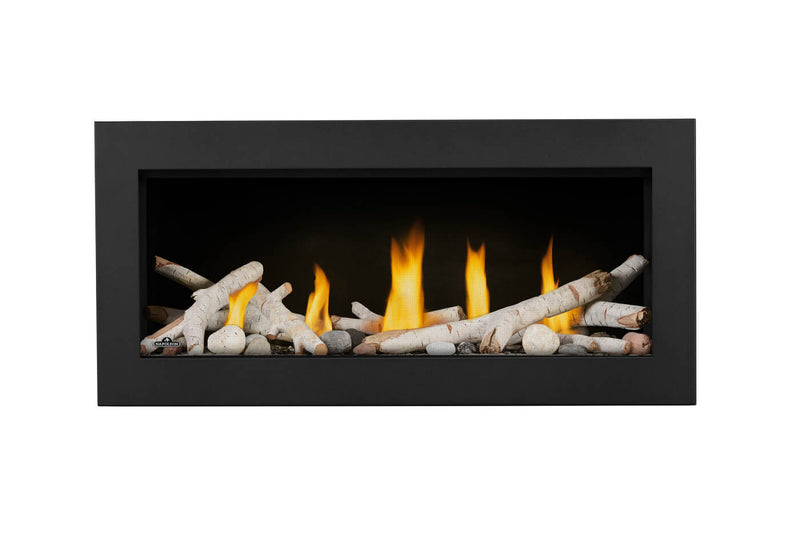 Napoleon Vector 38 direct vent linear gas fireplace product shot with birch logs, shore fire kit and black classic front