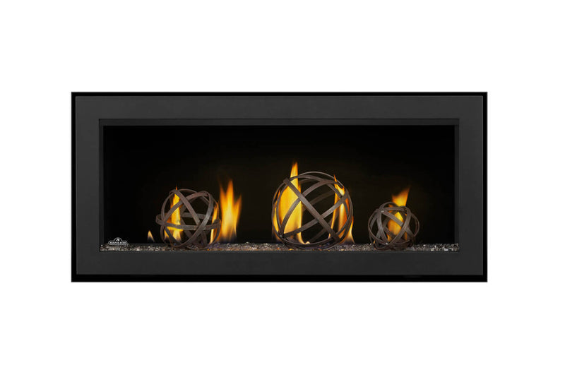Napoleon Vector 38 linear gas fireplace product shot with wrought iron globes and topaz glass media