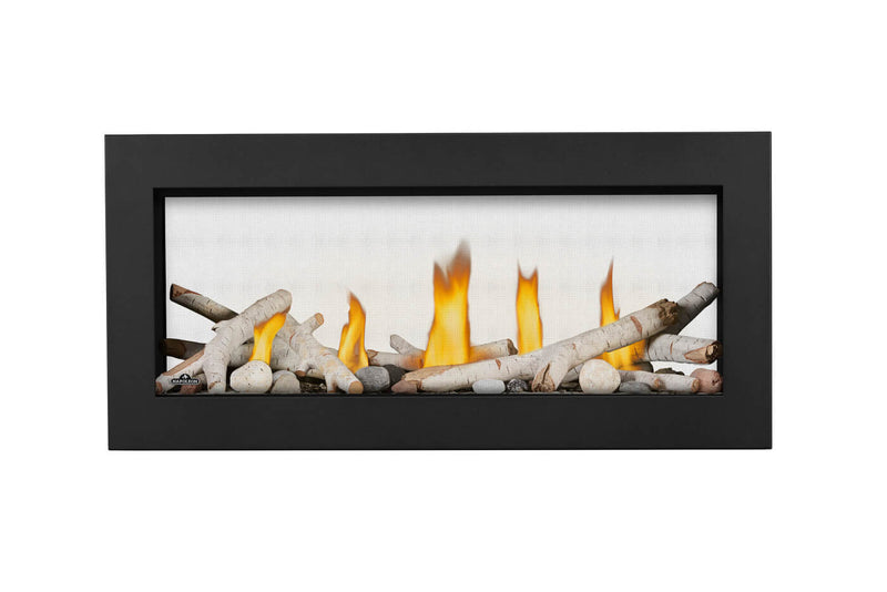 Napoleon Vector 38 See Through direct vent linear gas fireplace product shot with birch logs and shore fire kit