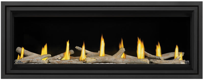 Napoleon Vector 50 direct vent linear gas fireplace product shot with contemporary logs, premium safety barrier and black trim