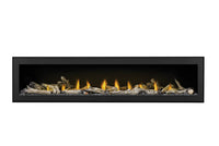 Napoleon Vector 74 direct vent linear gas fireplace product shot with beach fire logs and clear beads