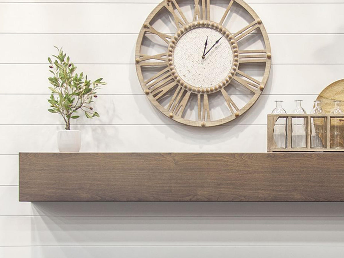 Custom Metal Floating Mantel Shelf: Non-Combustible, Wood Grain Walnut, Any Size