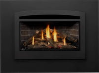 Napoleon Rosedale 3 gas fireplace insert product shot with oak logs, Westminster panels and arched faceplate