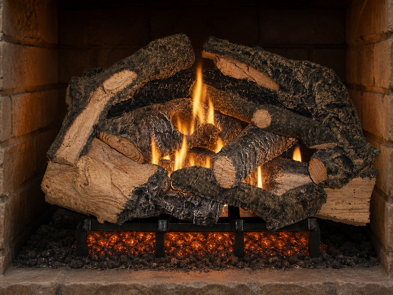 21" Rustic Timbers Vented Gas Log Set | Hargrove — lit with warm flame