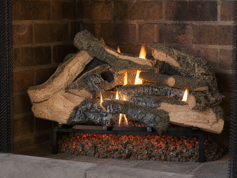 24" Rustic Timbers Vented Gas Log Set | Hargrove — 3/4 angle view with flame