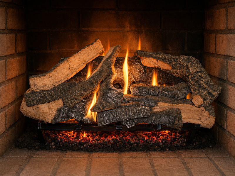 30" Rustic Timbers Vented Gas Log Set | Hargrove — lit with warm flame
