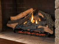 30" Rustic Timbers Vented Gas Log Set | Hargrove — 3/4 angle view with flame