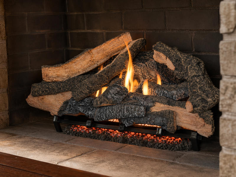 30" Rustic Timbers Vented Gas Log Set | Hargrove — 3/4 angle view with flame