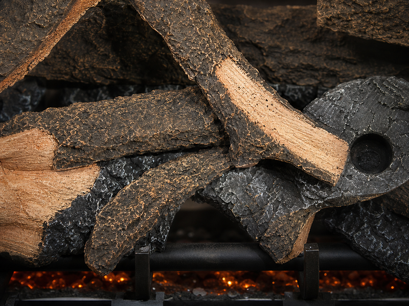 36" Rustic Timbers Vented Gas Log Set | Hargrove — close-up bark and ember detail