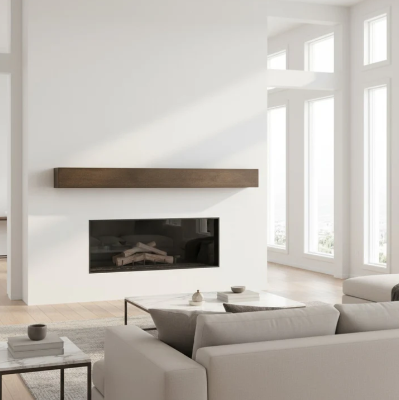 Custom Metal Floating Mantel Shelf Wood Finish 90-inchW x 4-inchH x 8-inchD