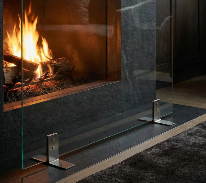 Glass Screen Exact Size [58" x 39"]  / Feet 2" Back x 4" Front / Silver Finish / Birdcage Handles / Clear Glass