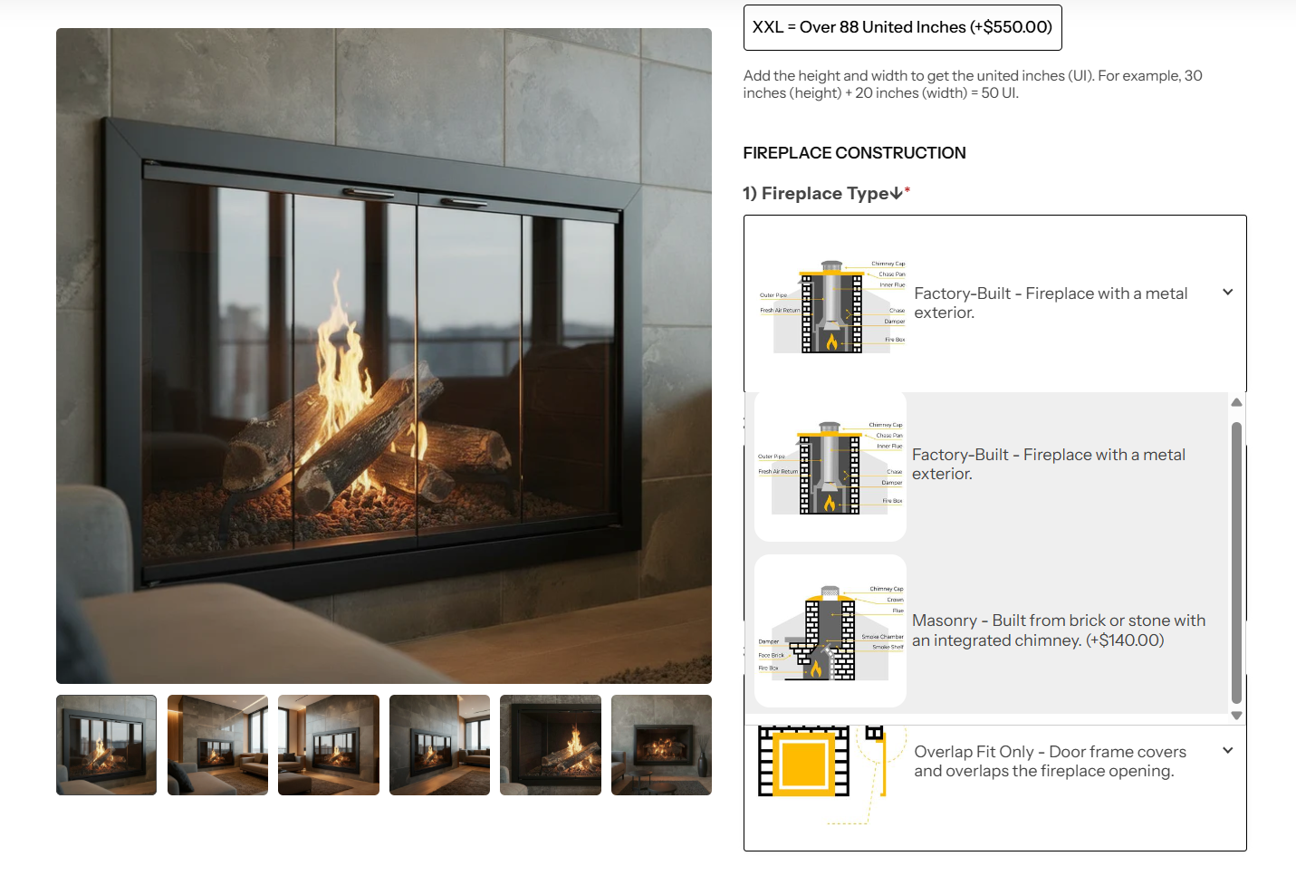 Masonry Type Fireplace Doors $140 + Draft Control +$75