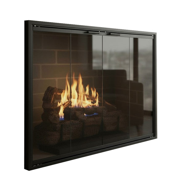 Stilettos Masonry // Inside Fit // Matte Black // 24" W x 24" H // Simplicity Handles // Cabinet Style // Mesh Curtains