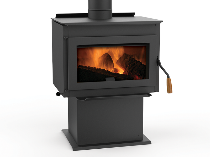Country Stoves Sumter 1600 Wood Stove with included black pedestal and glass door