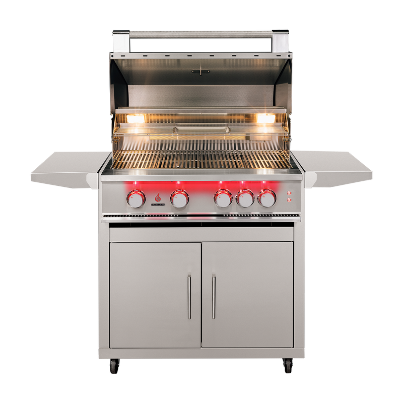 TrueFlame TF32 gas grill with CART-TF-32DC stainless steel cart, hood open