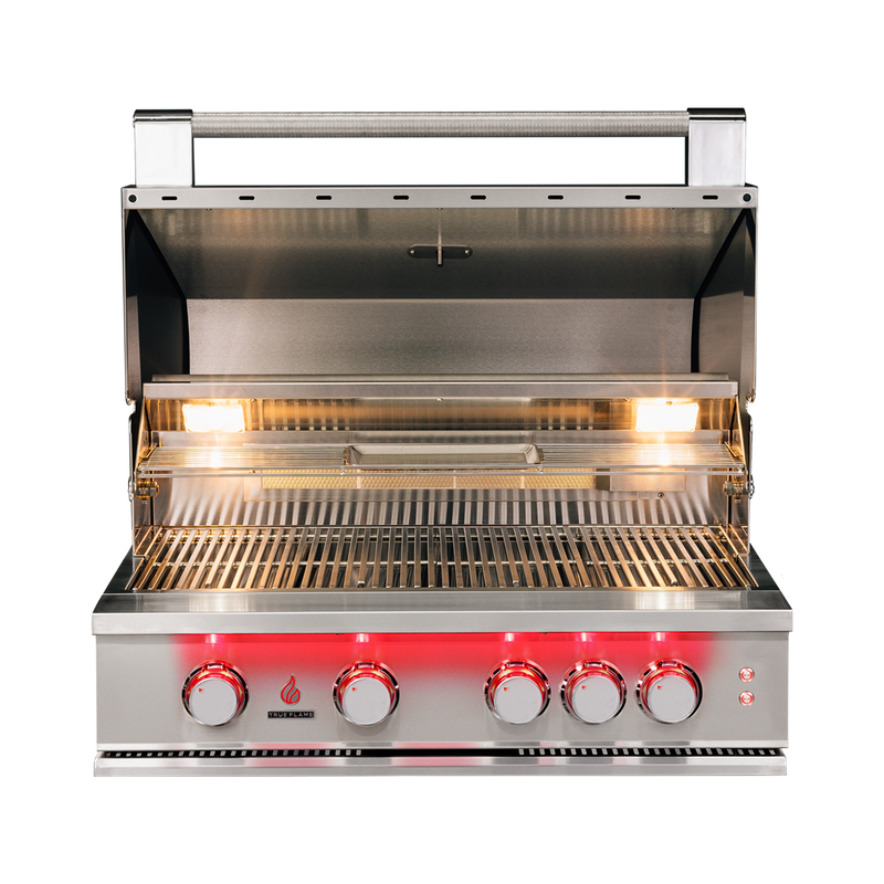 TrueFlame 32-Inch Built-In Gas Grill — manufacturer open-hood view