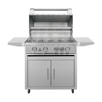 TrueFlame TFE32 gas grill with CART-TF-32DC stainless steel cart, hood open