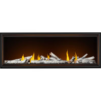 Napoleon Tall Linear Vector 74 direct vent gas fireplace product shot with birch logs and woodland kit