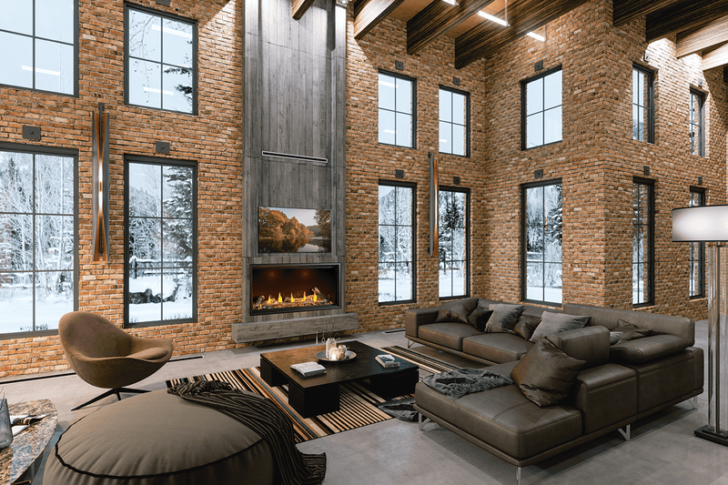 Napoleon Tall Linear Vector 50 gas fireplace lifestyle angle shot in living room