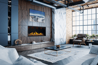 Napoleon Tall Linear Vector 62 gas fireplace lifestyle angle shot at home with oak logs