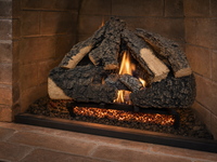 21" Timbers Vented Gas Log Set | Hargrove — 3/4 angle view with flame
