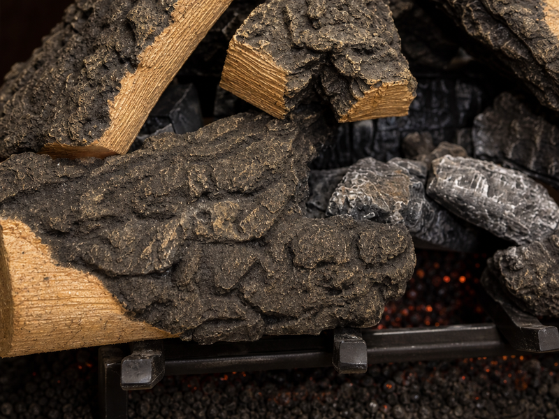 21" Timbers Vented Gas Log Set | Hargrove — close-up bark and ember detail
