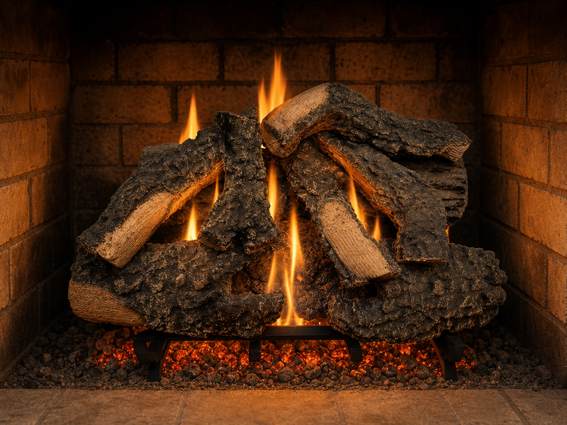24" Timbers Vented Gas Log Set | Hargrove — lit with warm flame