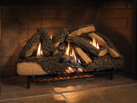 30" Timbers Vented Gas Log Set | Hargrove — 3/4 angle view with flame