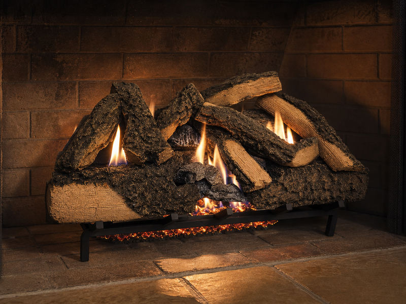 30" Timbers Vented Gas Log Set | Hargrove — 3/4 angle view with flame
