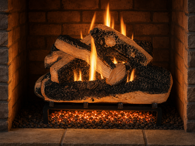 18" Western Pine Vented Gas Log Set | Hargrove — lit with warm flame