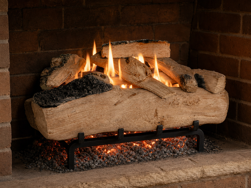 21" Western Pine Vented Gas Log Set | Hargrove — 3/4 angle view with flame