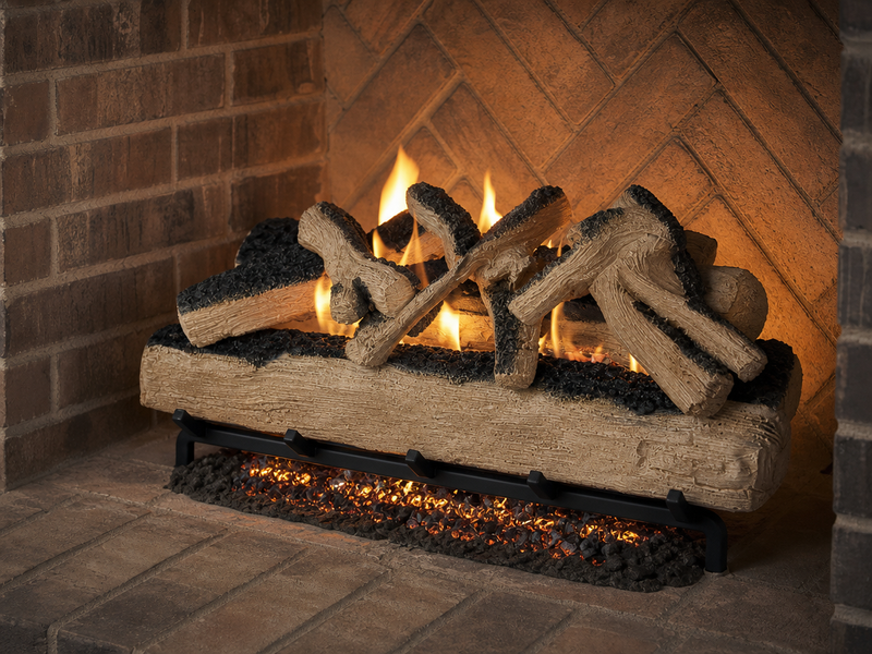36" Western Pine Vented Gas Log Set | Hargrove — 3/4 angle view with flame