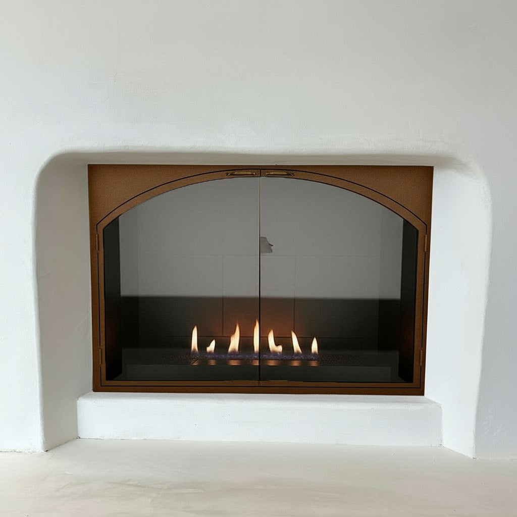 Slim Legend Doors ZC / Exact Size 43 11/16 W x 28 11/16" H / Rustic Copper / Contour Handles / Arch Window Pane - Drawing Provided / Clear Glass / Cabinet Doors