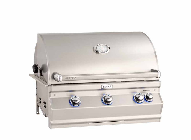Fire Magic Aurora A660i Built-In Gas Grill — solid hood, shown with optional rotisserie and standard burners