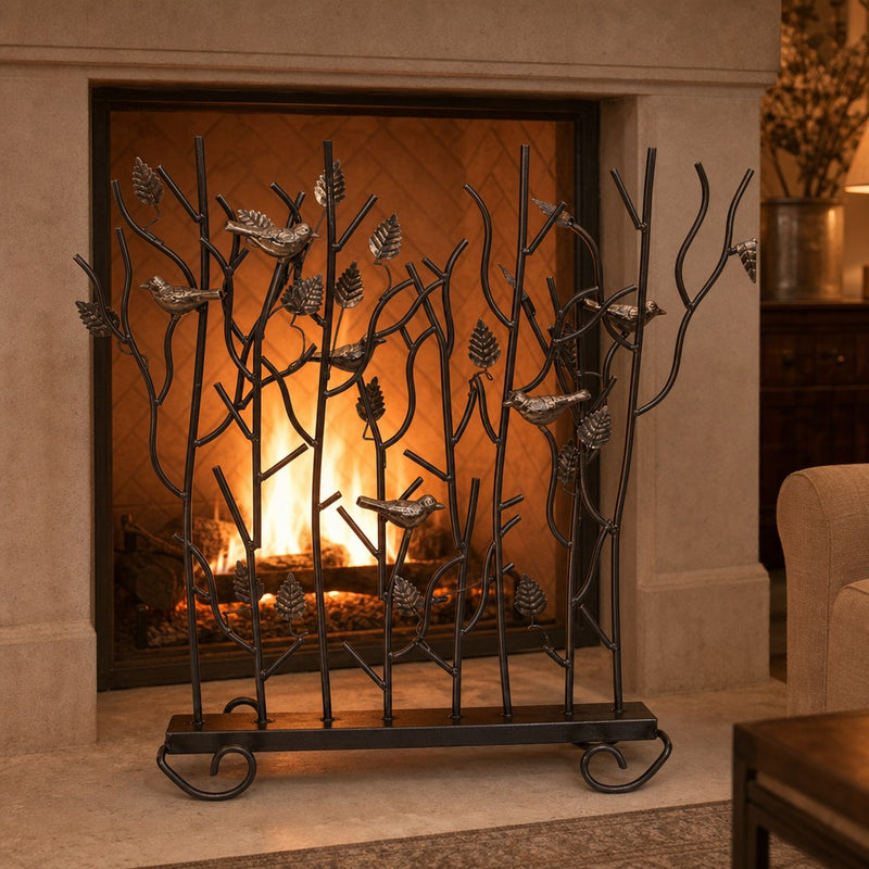 Birds Summer Fireplace Screen — lifestyle