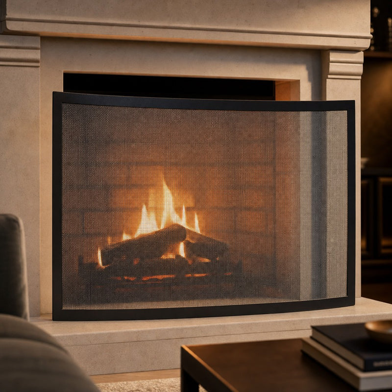 Framed Black Bowed Single Panel Fireplace Screen — lifestyle