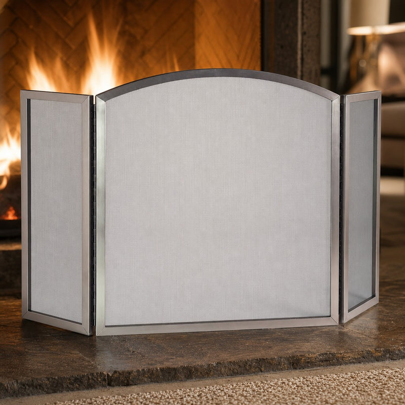 3-Panel Satin Nickel Arched Fireplace Screen — lifestyle