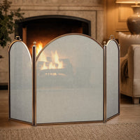 3-Panel Antique Brass Arched Fireplace Screen — lifestyle