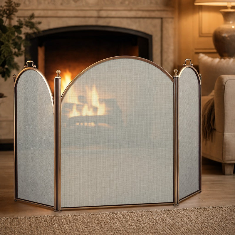 3-Panel Antique Brass Arched Fireplace Screen — lifestyle