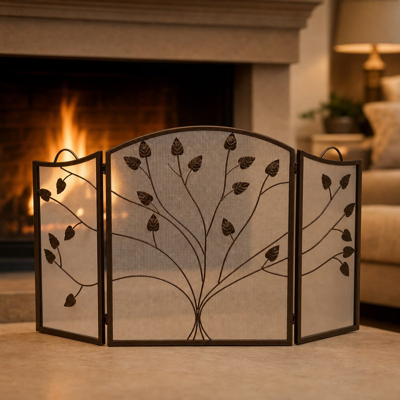 Vineyard 3-Panel Bronze Arched Fireplace Screen — lifestyle