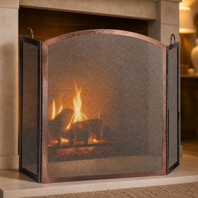 3 Panel Antique Copper Fireplace Screen-Arched Center Panel — lifestyle