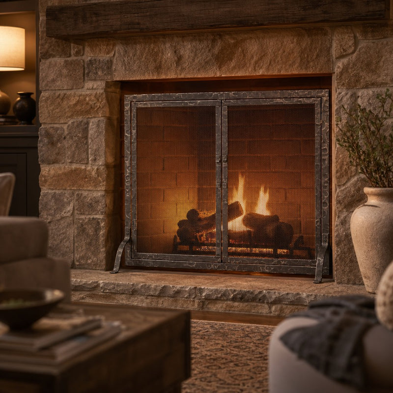 Hammered Fireplace Screen with Doors — lifestyle