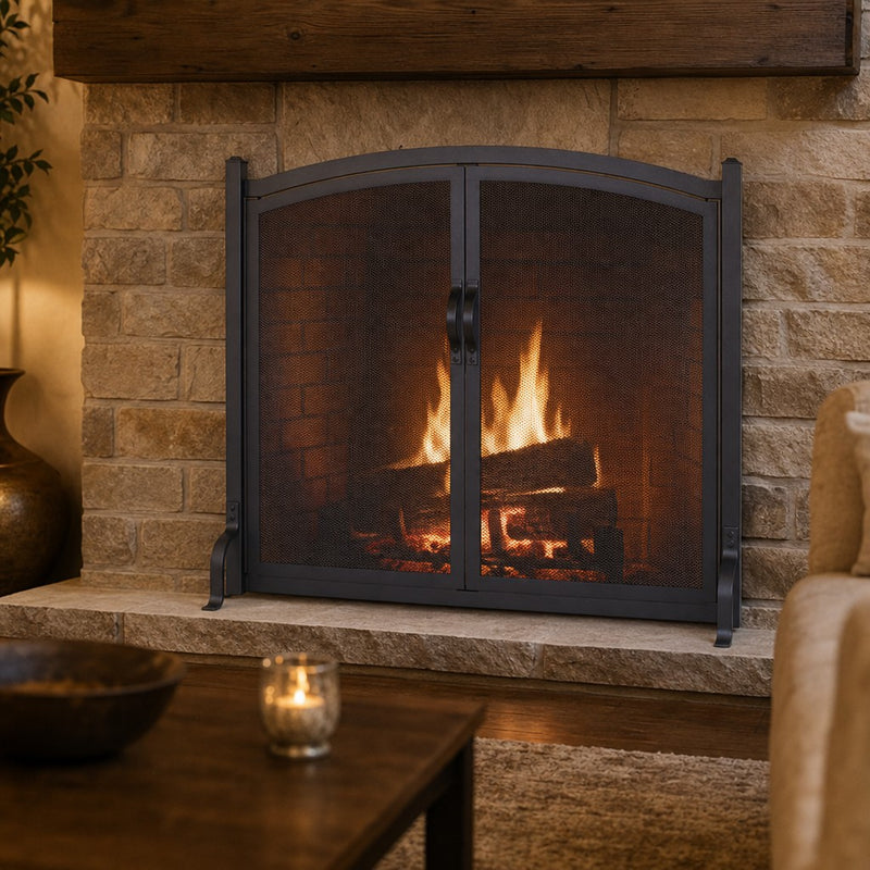 Early American Arched Fireplace Screen with Doors — lifestyle
