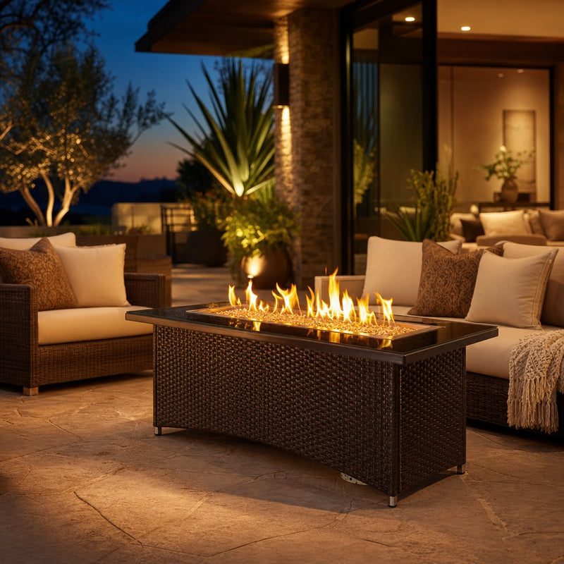 Montego Linear Brown Gas Fire Pit Table — lifestyle