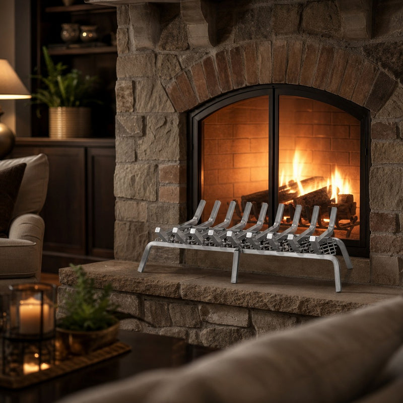 32" Lumino Stainless Steel Ember Lifetime Fireplace Grate — lifestyle