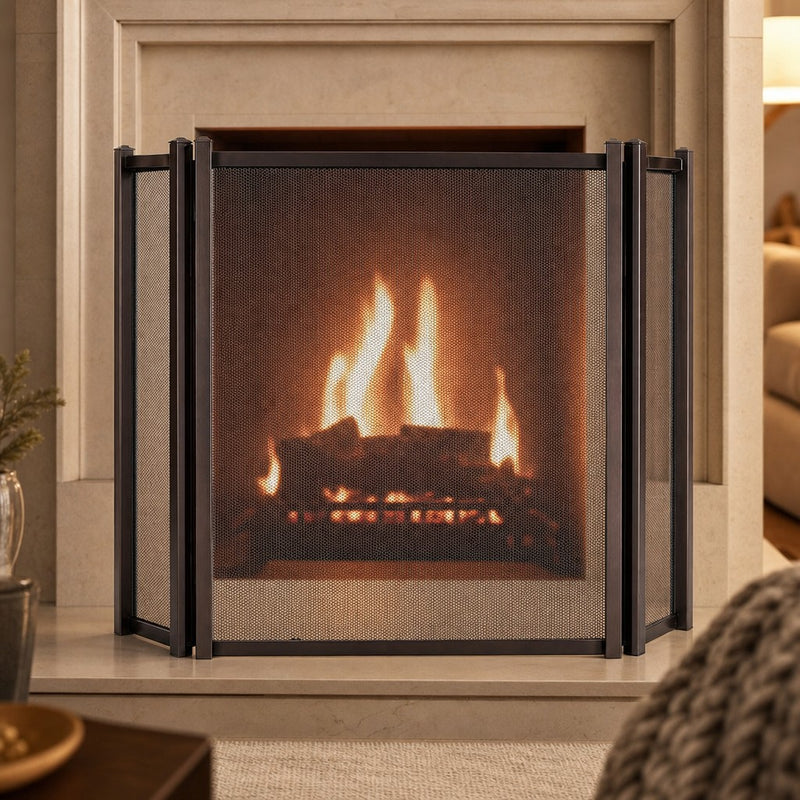Early American Three Panel Fireplace Screen — lifestyle